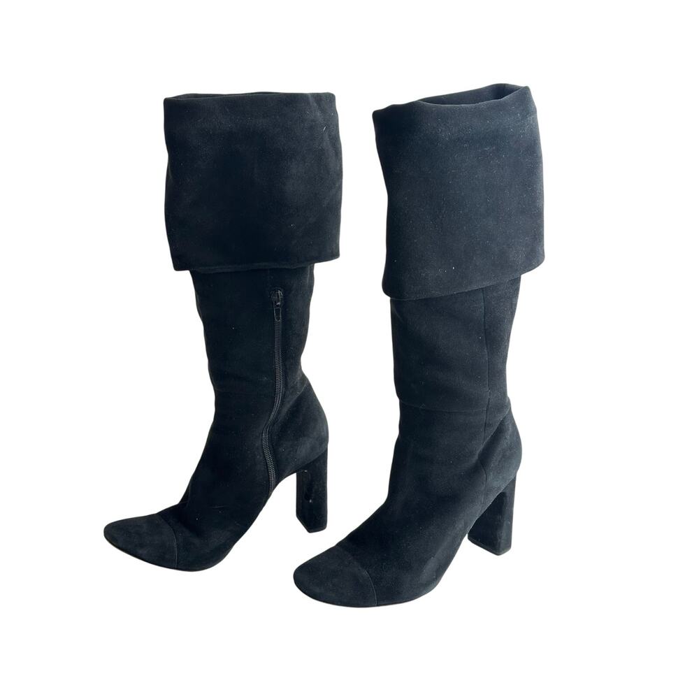 Something Navy Black Suede Knee High Boots Cuffed Side Zipper Block Heel Size 8